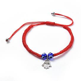 AAdjustable Nylon Thread Braided Bead Bracelets, Red String Bracelets, with Handmade Lampwork Evil Eye Beads and 304 Stainless Steel Findings, Hamsa Hand/Hand of Fatima/Hand of Miriam