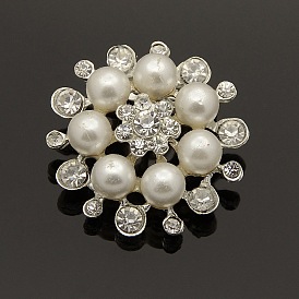 Fashion Alloy Rhinestone Flower Brooches, with Acrylic Pearl