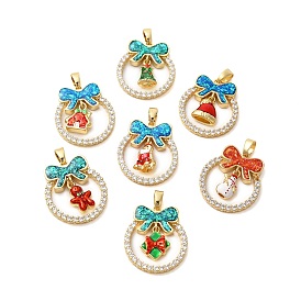 Christmas Theme Brass Micro Pave Cubic Zirconia Pendants, with Enamel & Synthetic Opal, Long-Lasting Plated, Lead Free & Cadmium Free, Real 18K Gold Plated, Bowknot Ring