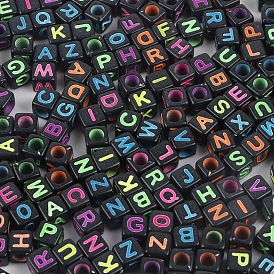 Acrylic Beads, Horizontal Hole, Cube with Letter, Black