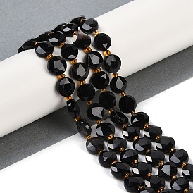 Natural Obsidian Beads Strands, Faceted Pentagonal Cut, Flat Round, with Seed Beads