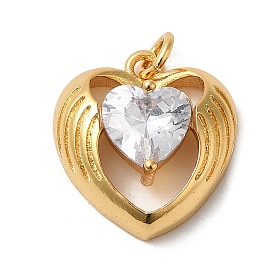Heart with Wing Rack Plating Brass Clear Cubic Zirconia Pendants, with Jump Ring, Long-Lasting Plated, Lead Free & Cadmium Free