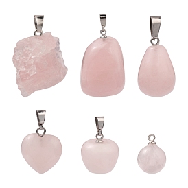6Pcs 6 Style Natural Rose Quartz Pendants, with Platinum Brass & Iron Findings, Apple & Round & Nuggets & Teardrop & Heart