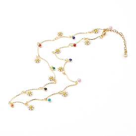 Brass Enamel Pendant Necklaces, with 304 Stainless Steel Lobster Claw Clasps, Flower, Colorful