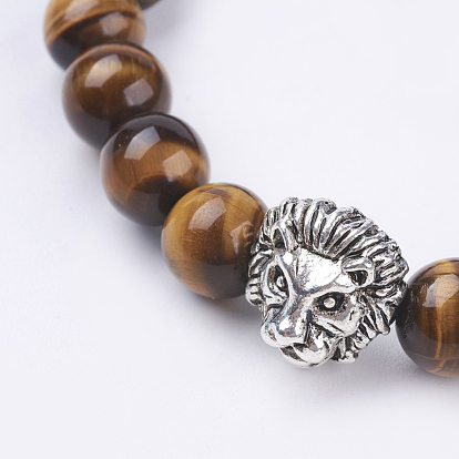 Natural Obsidian and Tiger Eye Stretch Bracelets, with Alloy Findings, Lion Head, Antique Silver