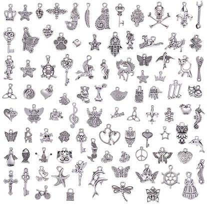 100Pcs Tibetan Style Alloy Pendants, for Jewelry Necklace Bracelet Earring Making Crafts, Mixed Shapes