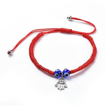 AAdjustable Nylon Thread Braided Bead Bracelets, Red String Bracelets, with Handmade Lampwork Evil Eye Beads and 304 Stainless Steel Findings, Hamsa Hand/Hand of Fatima/Hand of Miriam