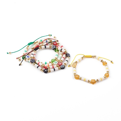 Adjustable Nylon Thread Braided Beads Bracelets, with Polymer Clay Heishi Beads, Millefiori Glass Beads and Brass Beads, Flower, Golden