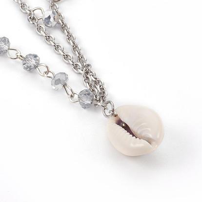 Body Necklace for Sexy Women, with 304 Stainless Steel Cable Chains, Iron Finding, Electroplate Glass, Cowrie Shell Beads