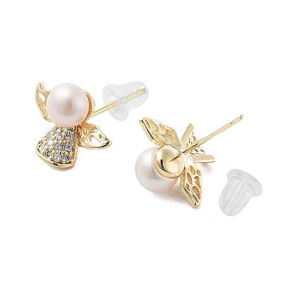 Natural Pearl Angel Stud Earrings, Brass Micro Pave Cubic Zirconia Earrings with 925 Sterling Silver Pins