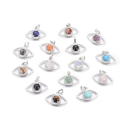 Gemstone Pendants, with Platinum Tone Brass Findings and Crystal Rhinestone, Eye