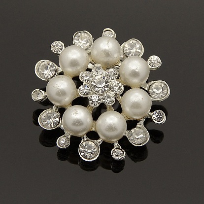 Fashion Alloy Rhinestone Flower Brooches, with Acrylic Pearl