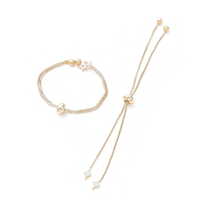 Rack Plating Brass Box Chain Link Bracelet Making, Slider Bracelets, with Cubic Zirconia, Long-Lasting Plated