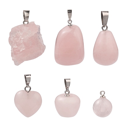 6Pcs 6 Style Natural Rose Quartz Pendants, with Platinum Brass & Iron Findings, Apple & Round & Nuggets & Teardrop & Heart