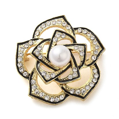 Camellia Flower Plastic Pearl Enamel Pins, Alloy Badge with Crystal Rhinestone for Women