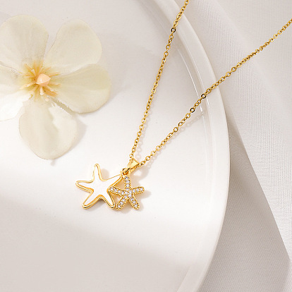 304 ожерелья с подвесками в виде двух морских звезд из нержавеющей стали с микропаве из прозрачных кубических цирконий, с оболочкой