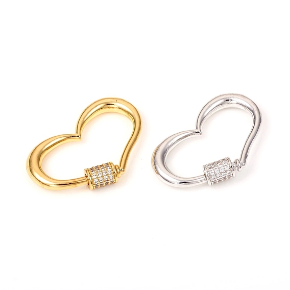 Brass Screw Carabiner Lock Charm, for Necklaces Making, with Clear Cubic Zirconia, Heart