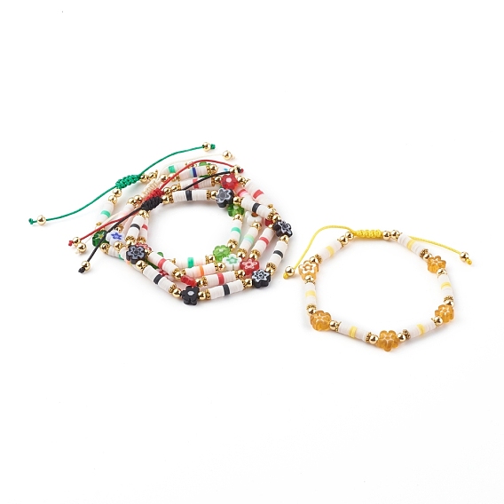 Adjustable Nylon Thread Braided Beads Bracelets, with Polymer Clay Heishi Beads, Millefiori Glass Beads and Brass Beads, Flower, Golden