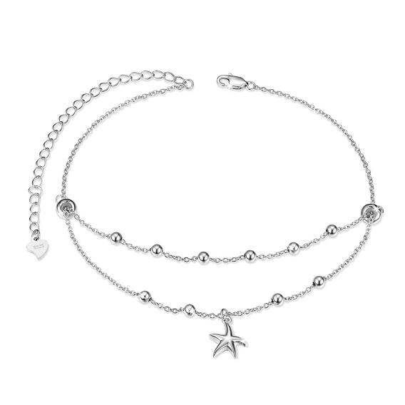 925 Sterling Silver Charm Anklets, Slider Anklets, with Cable Chains and Round Beads, Starfish
