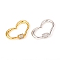 Brass Screw Carabiner Lock Charm, for Necklaces Making, with Clear Cubic Zirconia, Heart