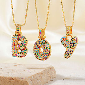 Brass Pave Colorful Cubic Zirconia Letter/Heart Pendant Box Chain Necklaces