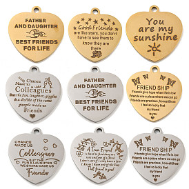 PVD Vacuum Plating 201 Stainless Steel Pendants, Friends Theme Message Charms, Heart with Word Charms