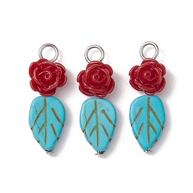 Dyed Synthetic Turquoise & Opaque Resin Pendants, Leaf with Rose Flower Charms