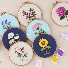 DIY Flower Pattern Embroidery Painting Kits, Including Printed Linen Fabric, Embroidery Thread & Needles, Instruction Book, without Embroidered Stretch