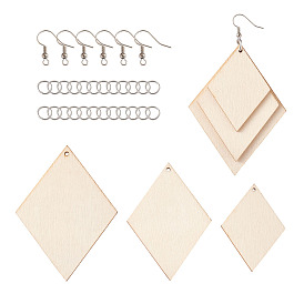 Наборы для изготовления сережек из натурального дерева в форме ромба своими руками, Включает крючки для серег из латуни с платиновым покрытием и прыгающие кольца