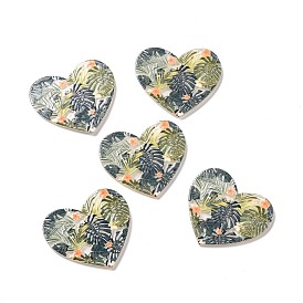 Printed Transparent Acrylic Pendants, Heart with Leaf Pattern