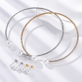 Круглые пластиковые серьги-гвоздики с имитацией жемчуга и комплекты колье-чокеров со стразами, 304 комплект украшений из нержавеющей стали для женщин