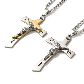 Cross with Jesus Pendant Necklaces, 304 Stainless Steel Curb Chain Necklaces