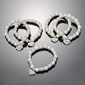 Herzglasperlen runde Perlen Stretch-Hochzeit Charme Armbänder, mit tibetischen Stil Anhänger und Messing Strass Ergebnisse, 55 mm