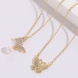 Butterfly Pearl Zircon Necklace Women's Luxury 14K Pendant Choker Collarbone Chain