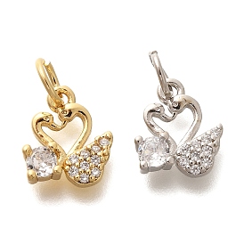 Rack Plating Brass Micro Pave Cubic Zirconia Charms, Long-Lasting Plated, Lead Free & Cadmium Free, Swan, with Jump Ring