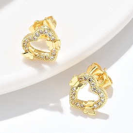 Серьги-гвоздики с сердцем и бабочкой из латуни с микропаве из прозрачных кубических цирконий, долговечный