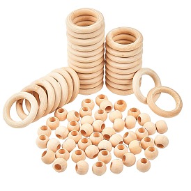Natural Unfinished Wood Beads, Large Hole, Round, for Craft Making, with Linking Rings