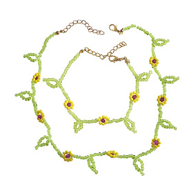 Green Leaf Necklace and Handmade Beaded Flower Bracelet Set for Women's Fashion Accessories