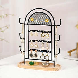 Arch Shaped Iron Jewelry Display Stands with Wooden Tray, Jewelry Organizer, for Necklaces, Rings, Earrings and Pendants