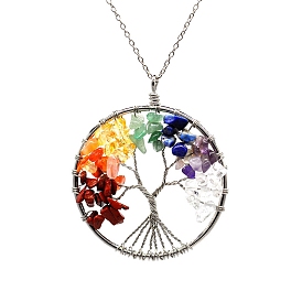 7 Chakra Gemstone Chip Tree of Life Pendant Necklaces, Brass Jewelry for Women