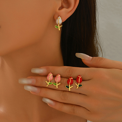 201 Stainless Steel Enamel Stud Earrings for Women, Tulip Flower, Golden