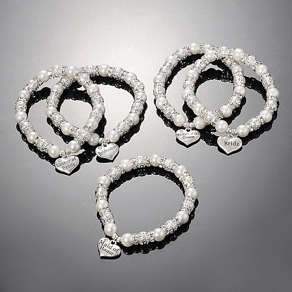 Herzglasperlen runde Perlen Stretch-Hochzeit Charme Armbänder, mit tibetischen Stil Anhänger und Messing Strass Ergebnisse, 55 mm