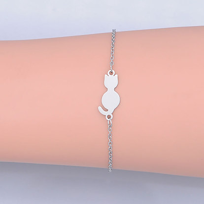 201 Stainless Steel Kitten Link Bracelets, with Lobster Claw Clasps, Cat Silhouette