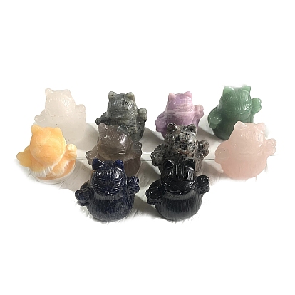 Natural Gemstone Carved Healing Lucky Cat Figurines, Reiki Energy Stone Display Decorations