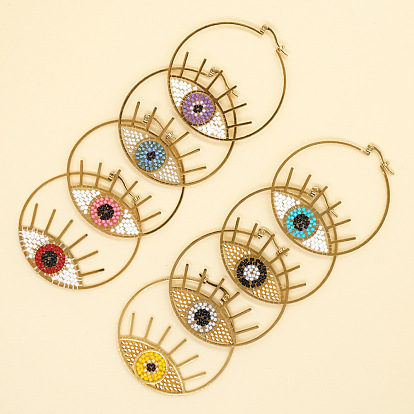 Handmade Turkish Blue Eye Beaded Hoop Earrings by Miyuki.