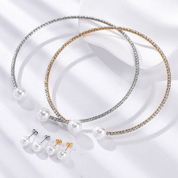 Круглые пластиковые серьги-гвоздики с имитацией жемчуга и комплекты колье-чокеров со стразами, 304 комплект украшений из нержавеющей стали для женщин