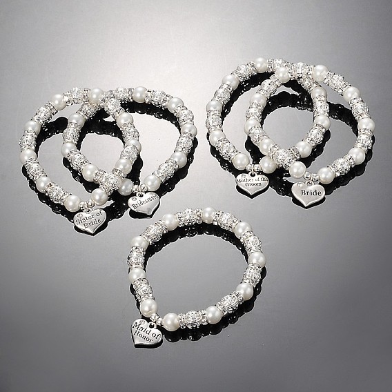 Herzglasperlen runde Perlen Stretch-Hochzeit Charme Armbänder, mit tibetischen Stil Anhänger und Messing Strass Ergebnisse, 55 mm