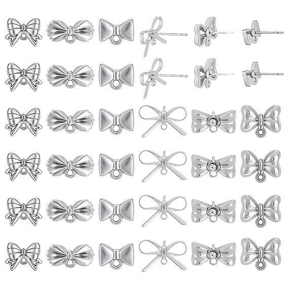 36Pcs 6 Styles Silver Alloy Stud Earring Findings, with Horizontal Loops & 925 Sterling Silver Pins