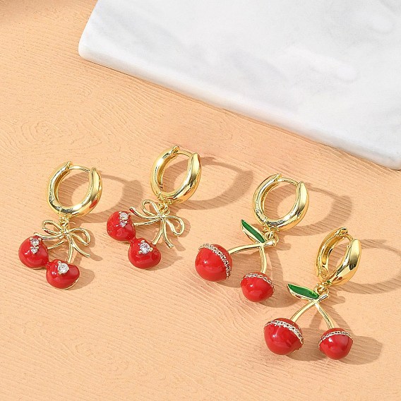 Женские серьги-кольца из латуни с микропаве из кубического циркония, вишня, с эмалью, стойки покрытие, долговечный, без свинца и без кадмия