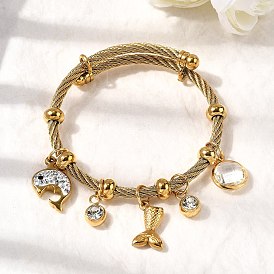 304 Браслеты с подвесками из нержавеющей стали для женщин, дельфин и рыбий хвост, с 201 бусинами из нержавеющей стали, стразами и стеклом, ионное покрытие (ip)